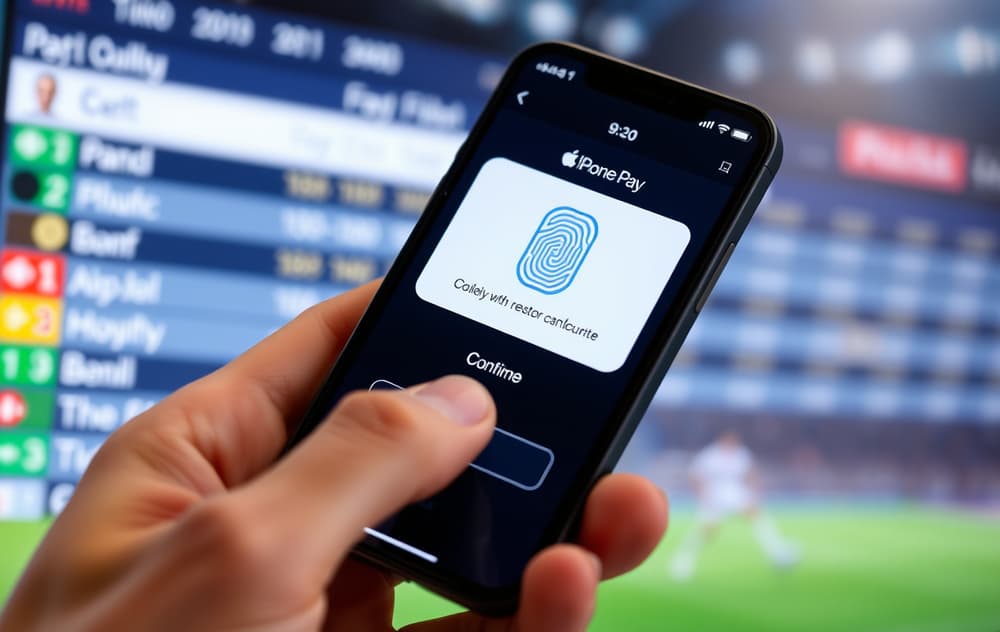 Person som bruker Apple Pay med Face ID for å sette inn penger på en bettingside – telefonen viser bekreftelsesskjermen.