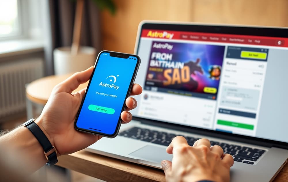 Person med mobil med AstroPay-app foran laptop med bettingside for innskudd – illustrerer rask og anonym bettingbetaling.