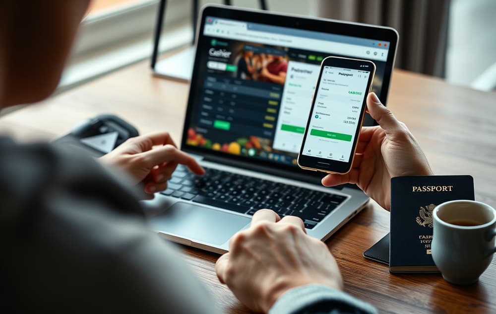 Person som tar ut penger fra en spillside via bankoverføring på mobilen, med PC i bakgrunnen.