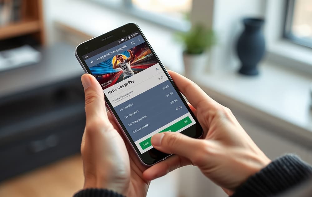 Person med Android-mobil og Google Pay klar for innskudd på en bettingside.