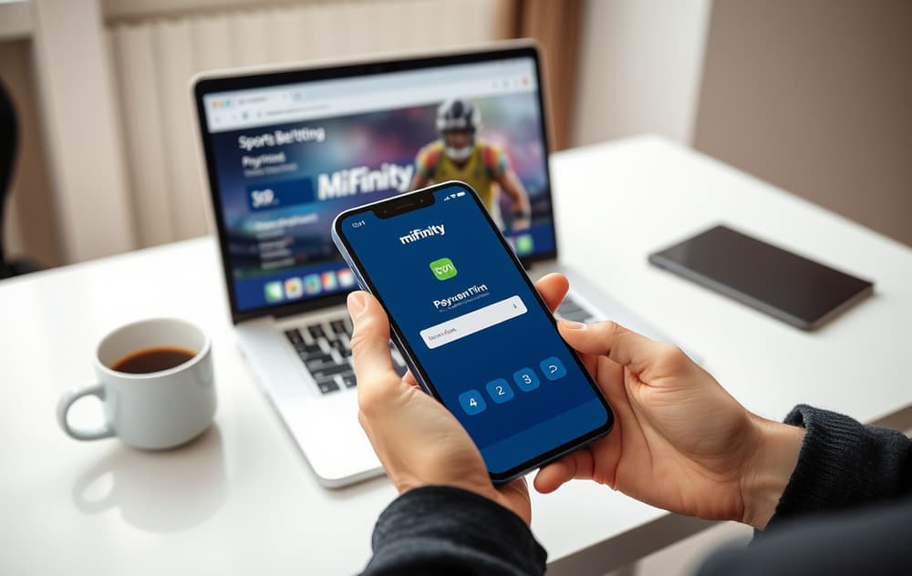 Person med mobiltelefon med MiFinity-app og laptop med bettingside – illustrerer rask og sikker betaling.