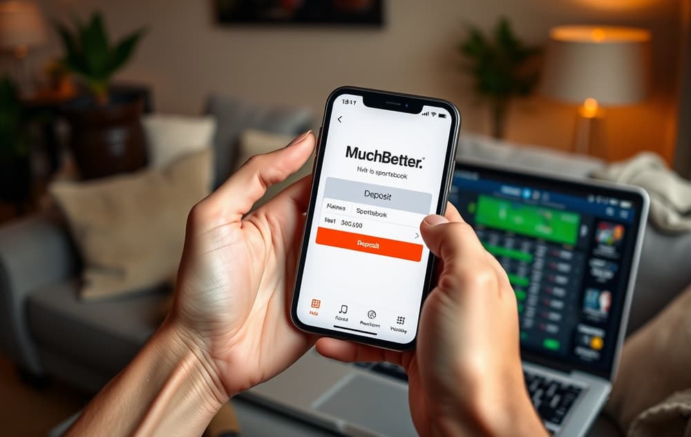 Person som holder en smarttelefon med MuchBetter-appen åpen, viser et vellykket innskudd til en bookmaker.