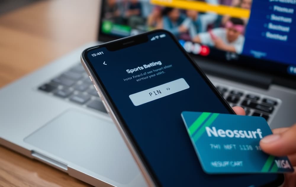 Mobilskjerm med Neosurf-innskudd på en bettingside, ved siden av en Neosurf-kupong og laptop.