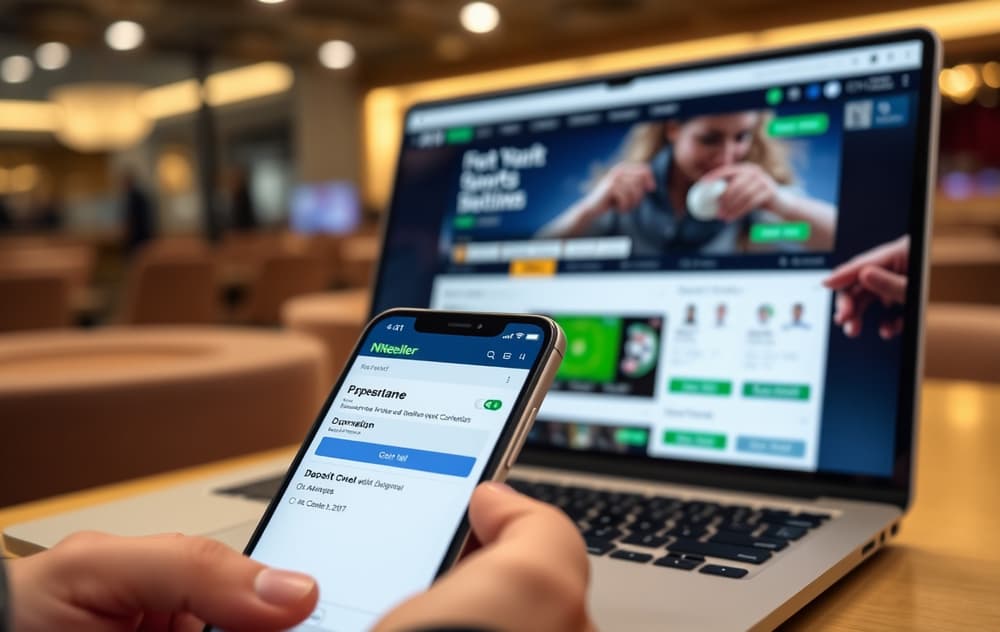 Smarttelefon med Neteller-app og laptop med betting-side