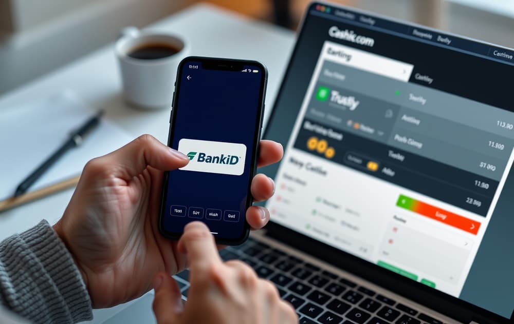 Person som bruker BankID på mobilen for å sette inn penger via Trustly på en bettingside.