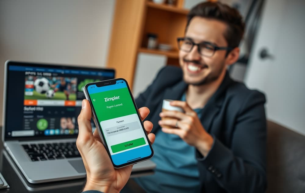 Person som bekrefter en Zimpler-betaling på mobilen ved siden av en laptop med et oddsmarked.