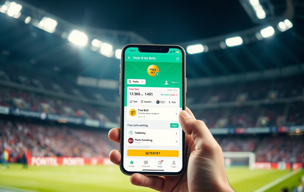 Person med mobiltelefon som viser gratisspill i en bettings-app, med stadion i bakgrunnen