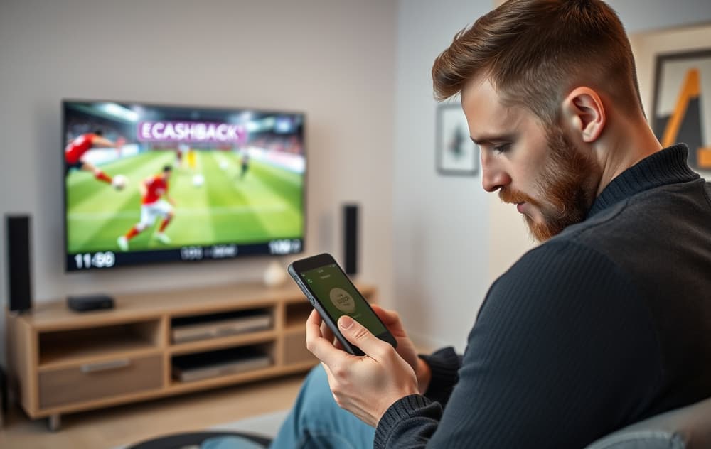 Norsk spiller som ser på cashback-tilbud på mobilen, med fotballkamp på TV i bakgrunnen.