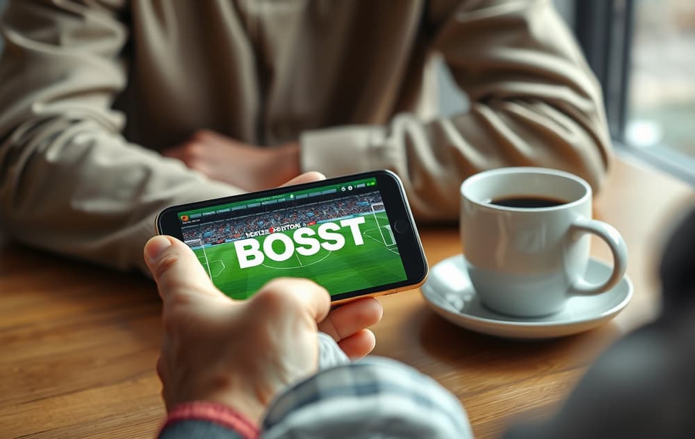 Person som sjekker oddsboost på mobilen under en fotballkamp