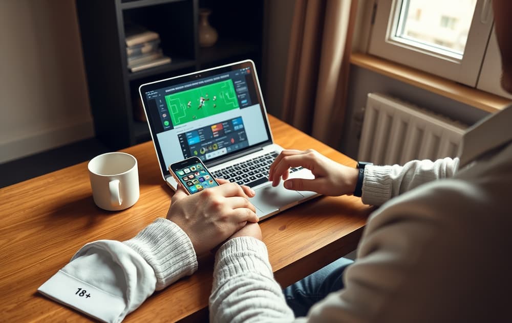 Norsk bettingspiller med telefon og laptop foran en fotballkamp, med kaffekopp og 18+-merke synlig.