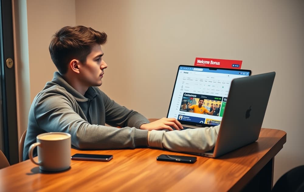Ung mann som analyserer odds på laptop med velkomstbonus synlig på skjermen, kopp kaffe og mobil ved siden av