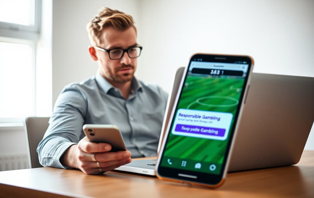 Norsk mann som sitter ved skrivebord og spiller odds på mobil og PC, med ansvarlig spilling-melding synlig på skjermen.