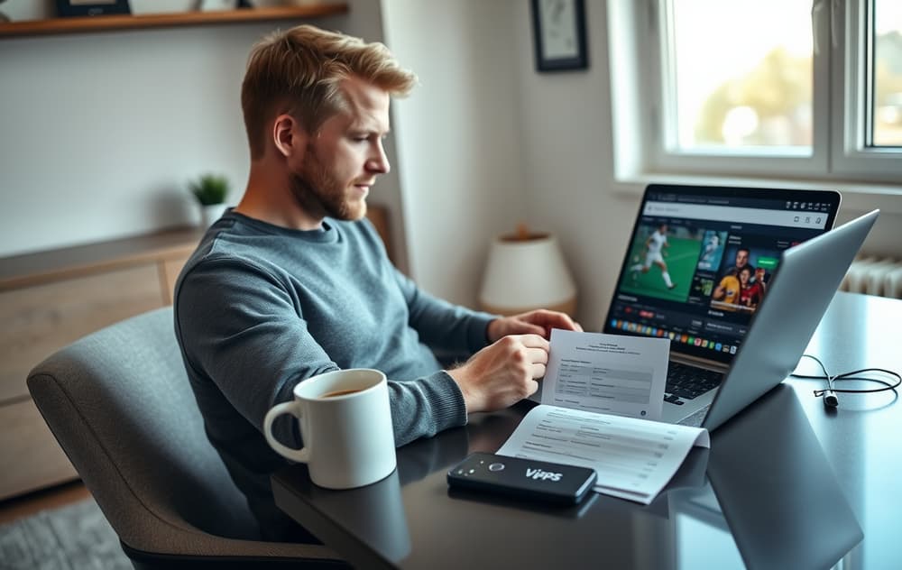 Norsk mann som better på fotball odds på laptop med Vipps og bettingkupong