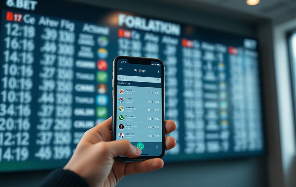 En person som ser på odds for fotball på mobilen, med odds-tavle i bakgrunnen.