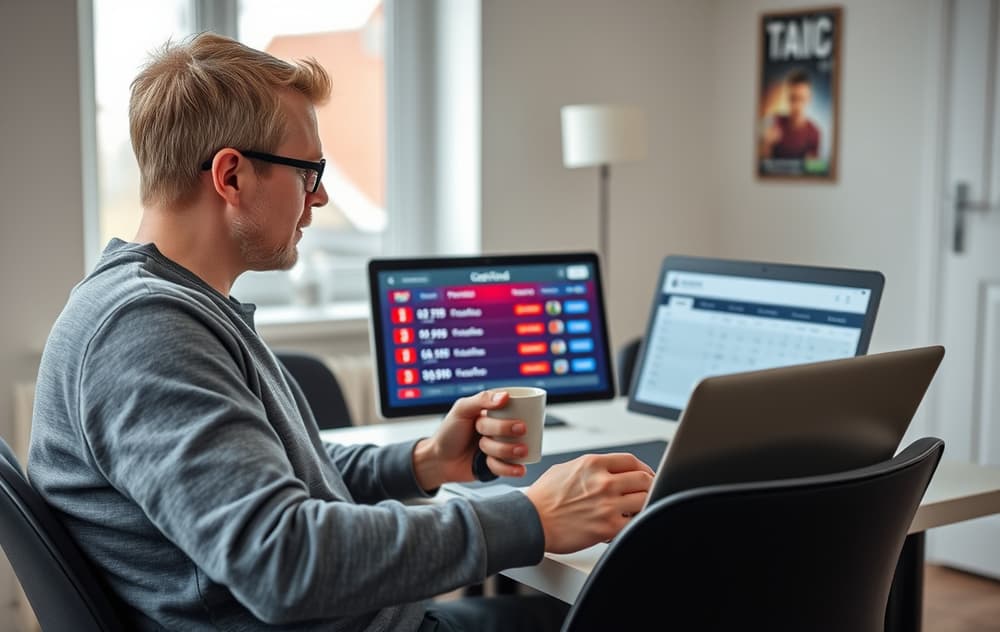 En norsk person som sammenligner bettingsider på en laptop, med kaffekopp og moderne interiør
