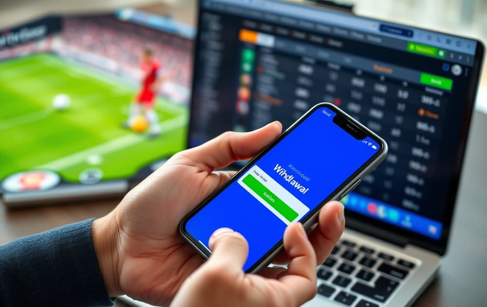 Person som holder mobil med uttaksbekreftelse fra betting-app, laptop i bakgrunnen med odds