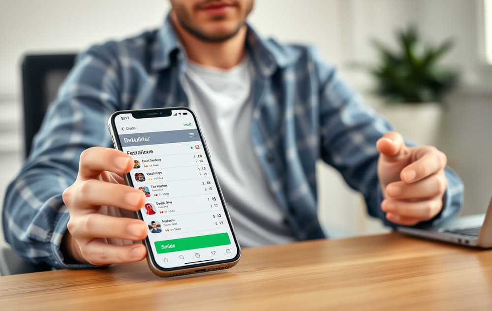 Person som bygger odds på mobiltelefon med fotballkamp som bakgrunn.