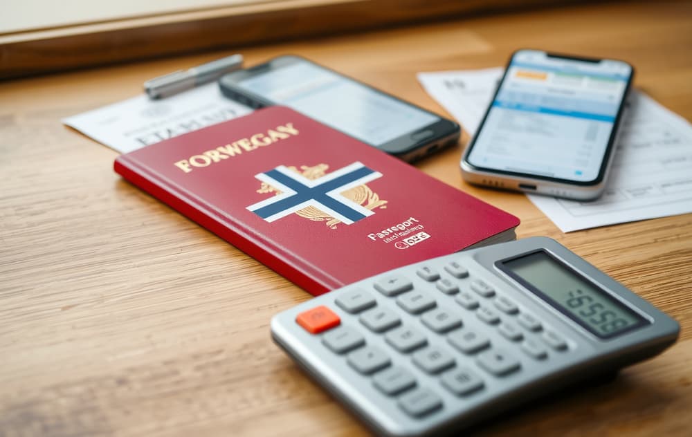 Norsk pass og kalkulator på skrivebord med mobil som viser oddsspill og skatteskjema