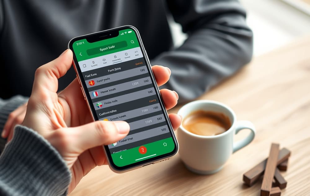 Person som tipper på mobil med fotball-odds på skjermen, kaffekopp på bordet.