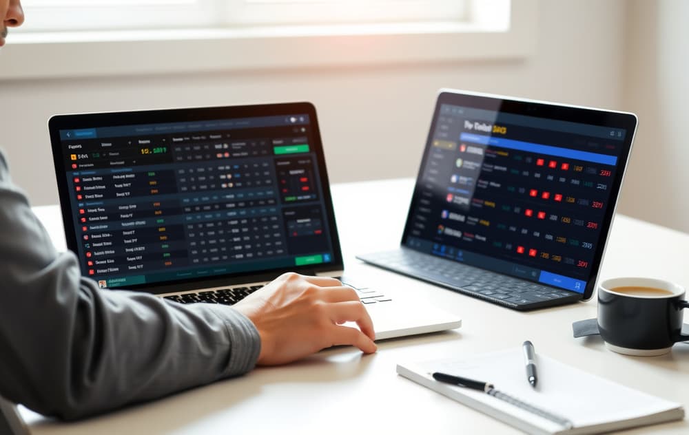 Sammenligning av bettingsider for fotball på laptop med notater
