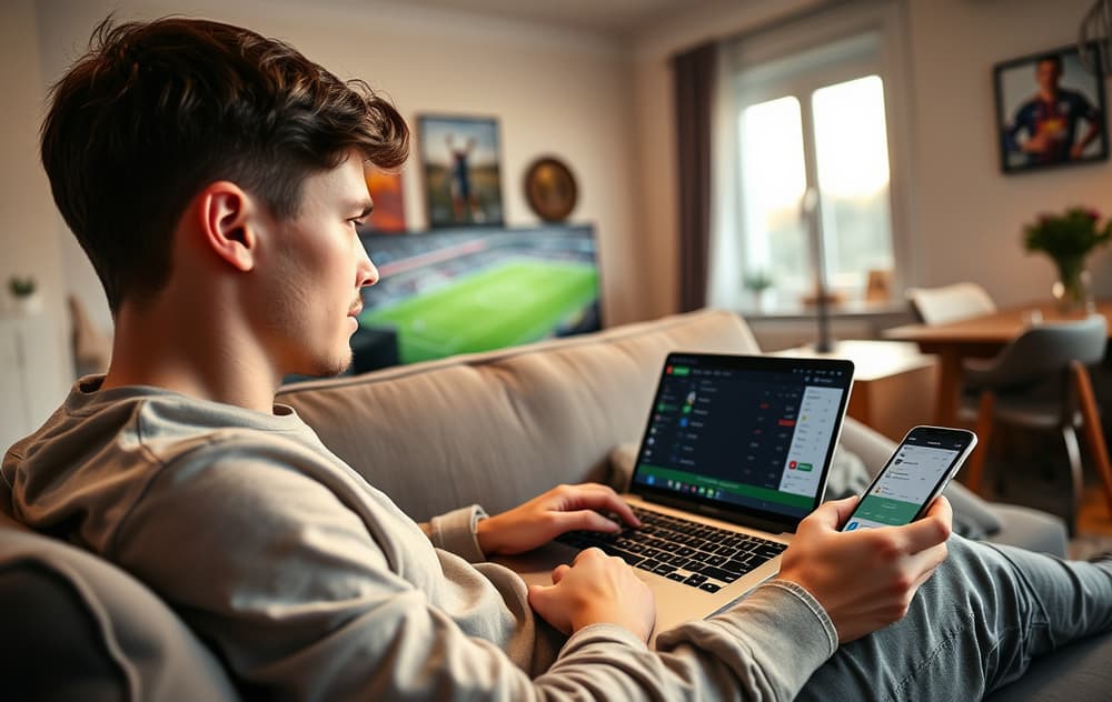 Person som analyserer live odds på en bærbar PC i en stue