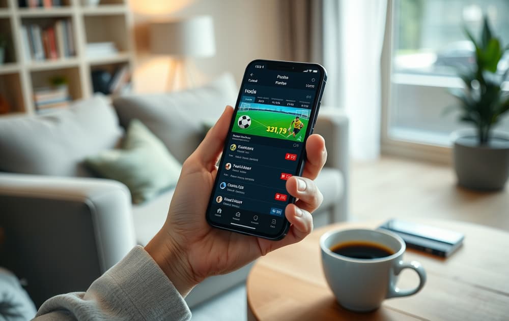 Person som bruker en bettingapp på mobiltelefon med fotballodds og live-betting.