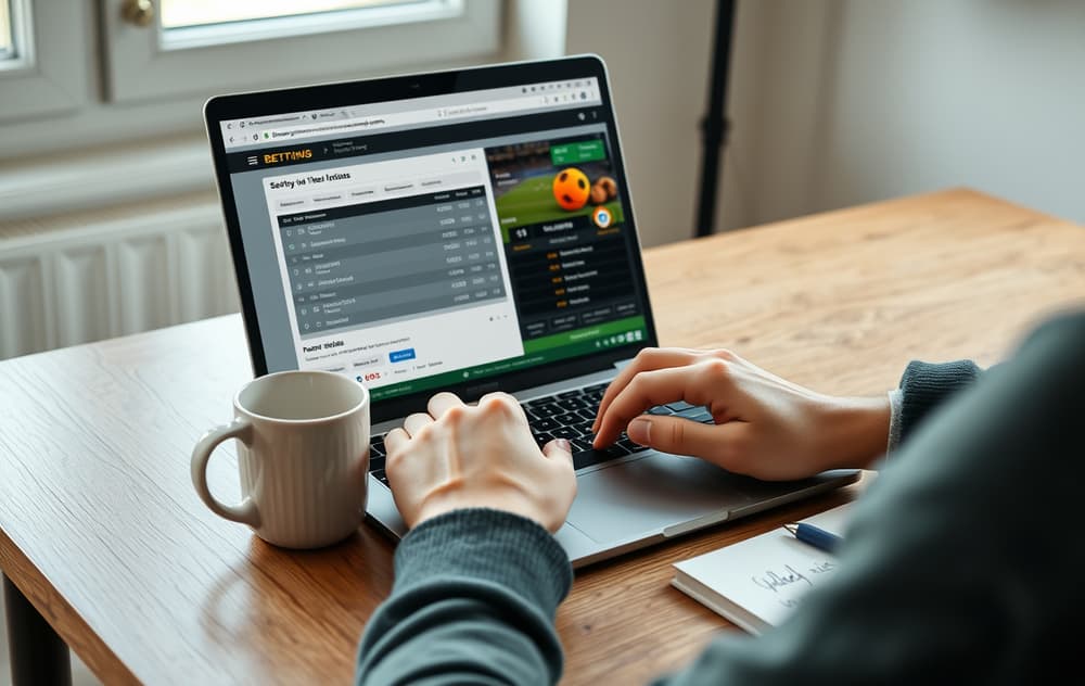 Person som sammenligner to bettingsider på laptop med notater og kaffekopp