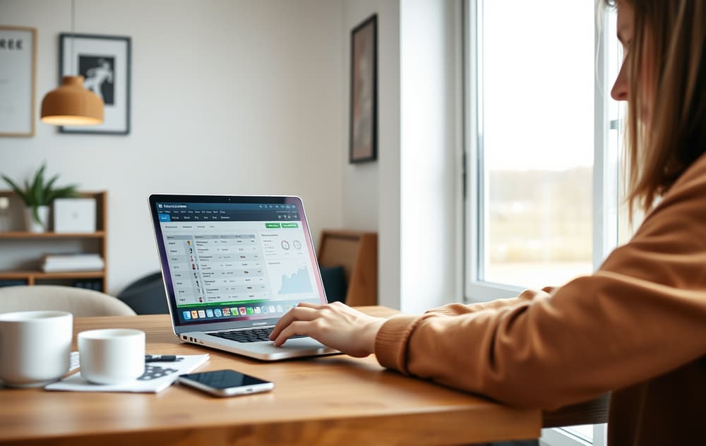 Person som sammenligner odds på en bærbar PC, med mobil og kaffekopp på et moderne skrivebord.