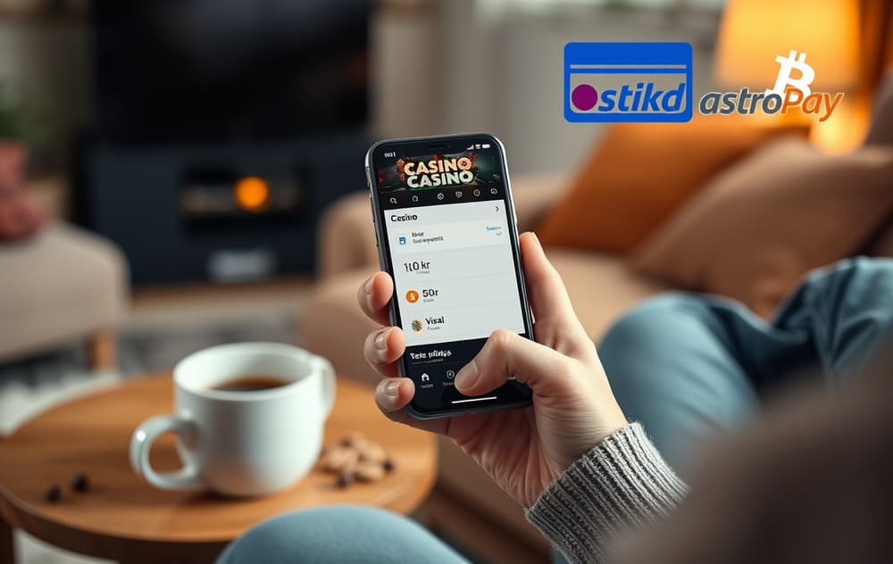 Person spiller på mobilen med casino med lavt innskudd, Visa- og kryptologoer synlig