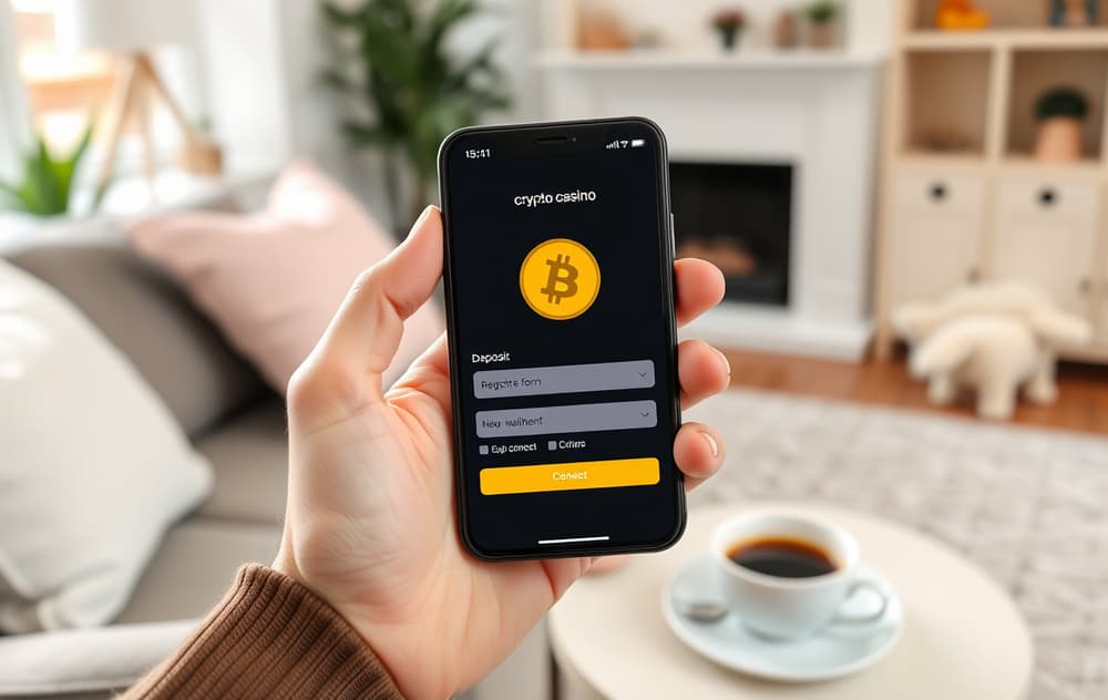 Person med smarttelefon som viser kryptocasino uten registrering, kun lommebok-kobling.
