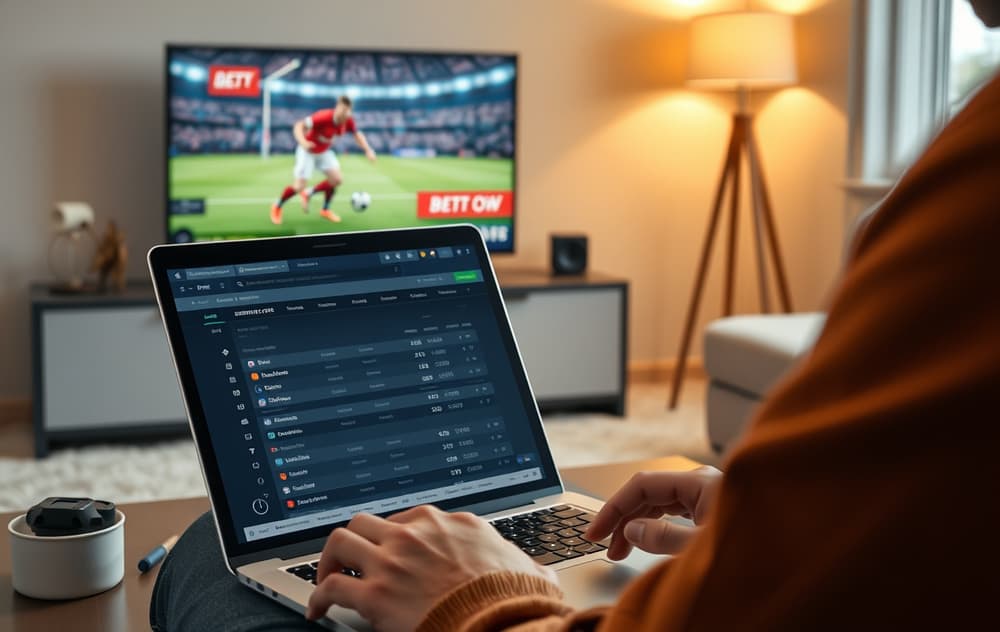 Person som sammenligner fotballodds på laptop med flere bettingsider åpne, fotballkamp på TV i bakgrunnen.