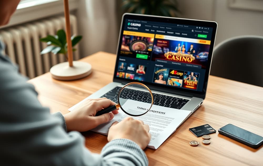En person sammenligner gratis casinoer på en bærbar PC med forstørrelsesglass over vilkårene.