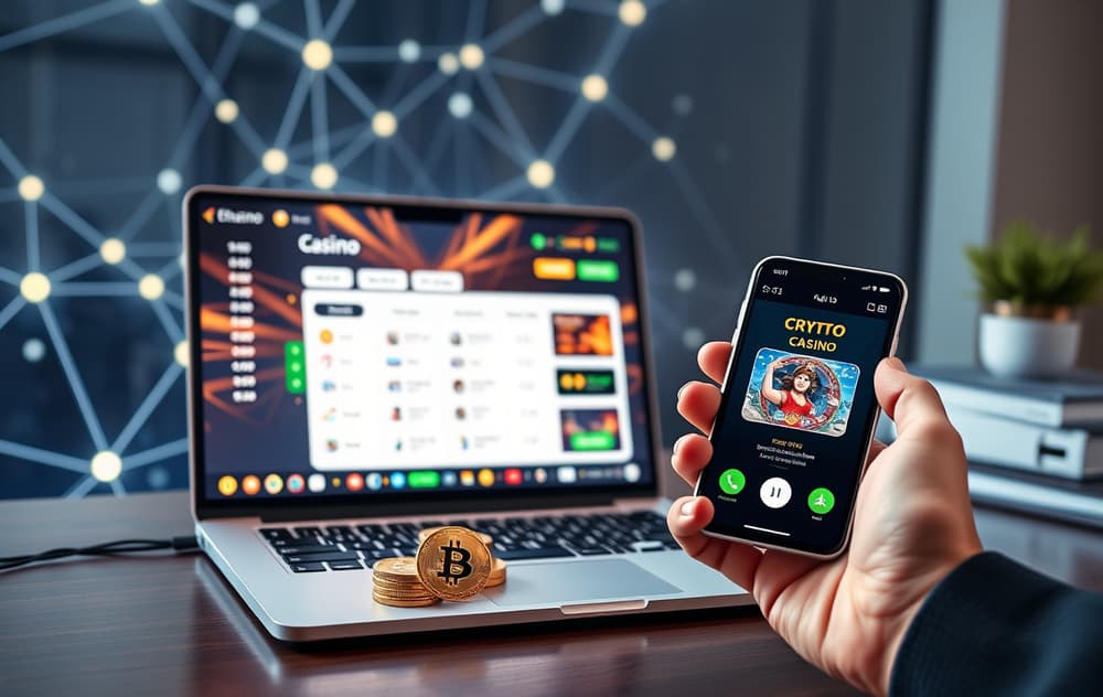 Moderne gamingoppsett med kryptocasino på laptop og kryptovaluta på bordet