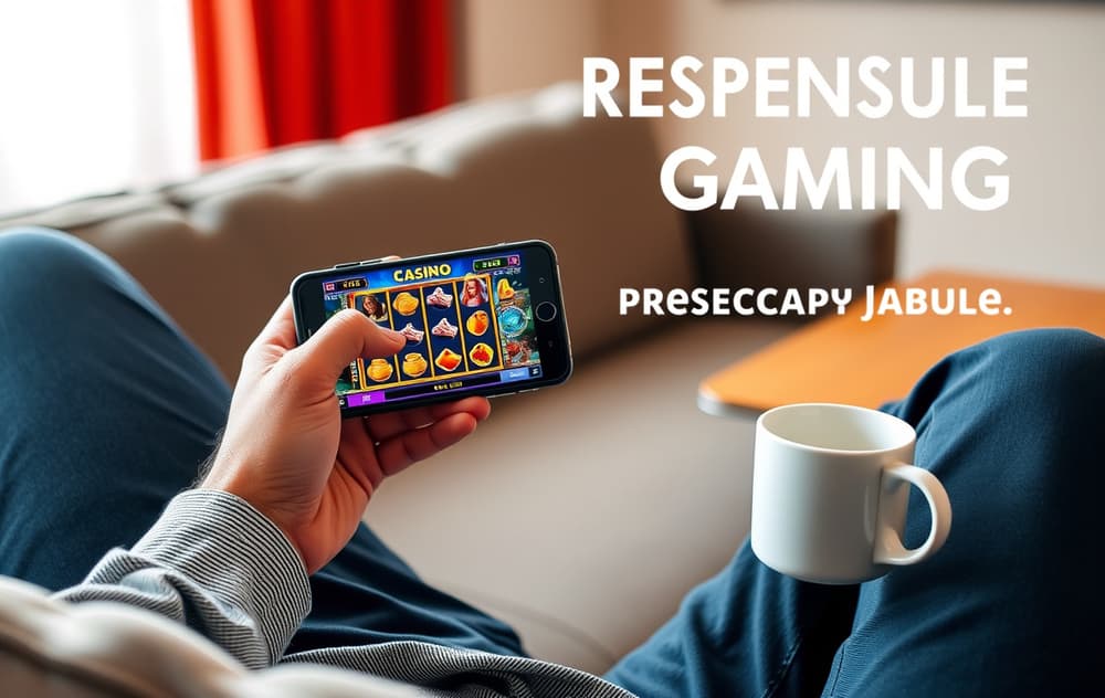 Person som spiller på mobilcasino i sofaen, med kaffekopp og mobiltelefon som viser et spilleautomat.
