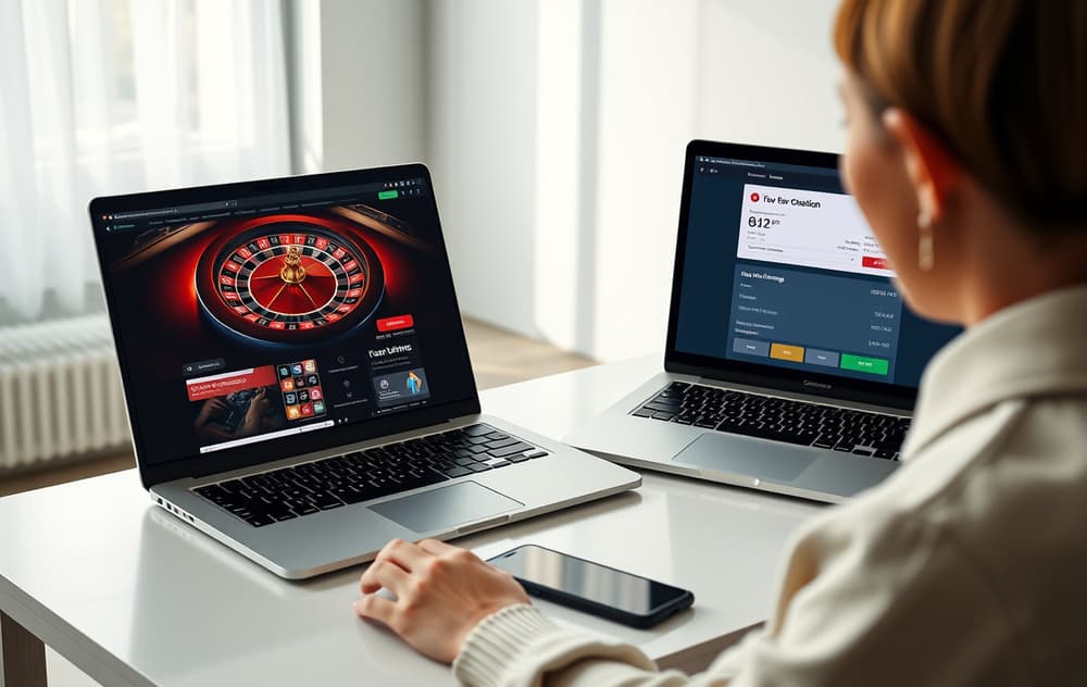 Person som sammenligner nettcasinoer på to skjermer