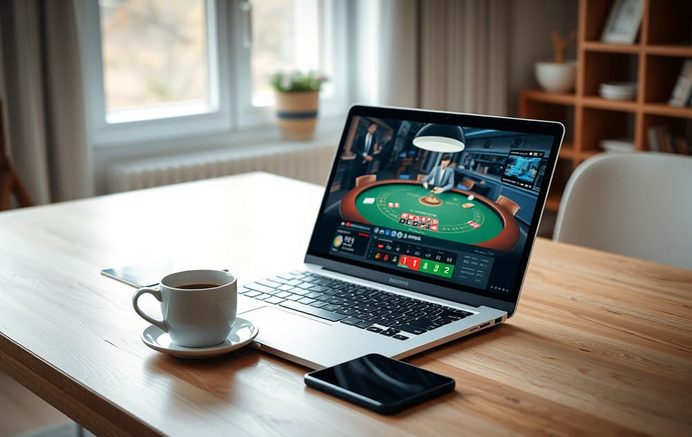 Laptop med live casino og norsk dealer, kaffekopp og mobil på minimalistisk skandinavisk skrivebord
