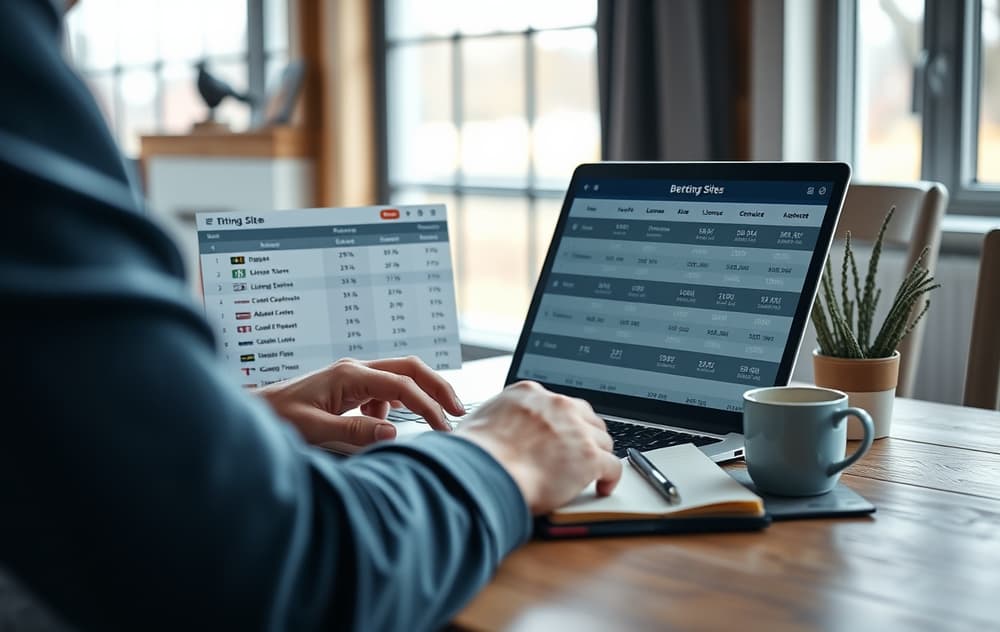 Person som sammenligner bettingsider på laptop med notater og kaffe på bordet