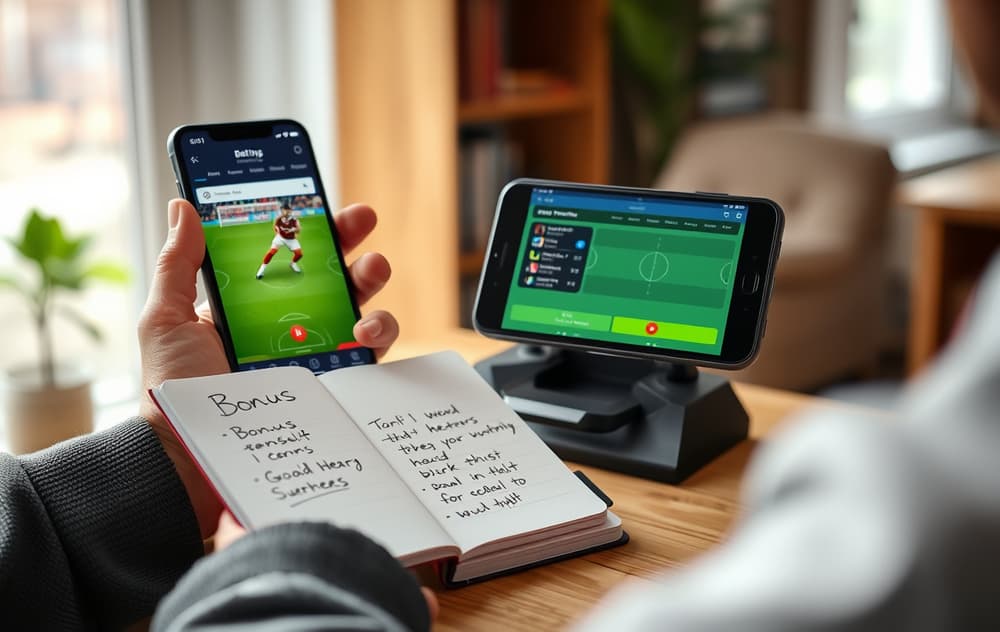 Person som sammenligner bettingsider på to mobiler med notater om bonusvilkår