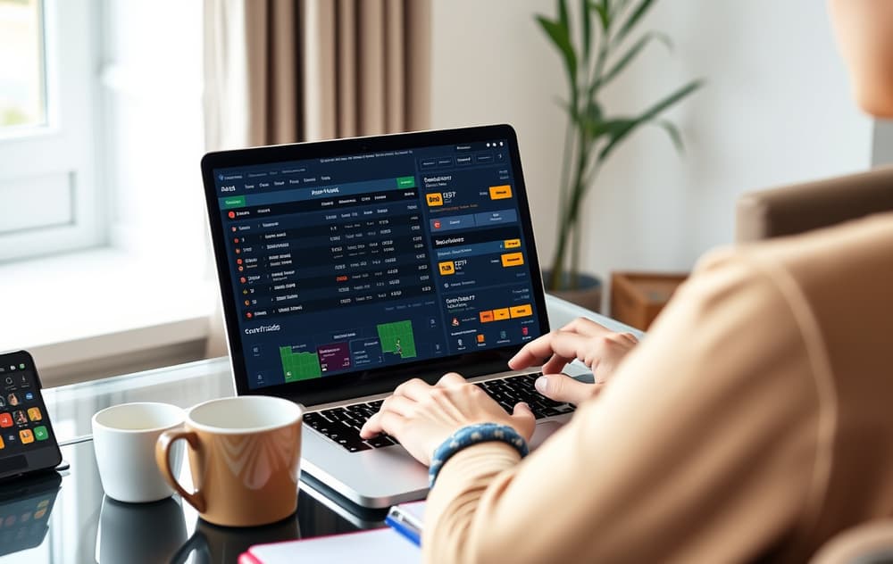 En person som sammenligner oddsbonus på to bettingsider på en bærbar PC, med fotball på skjermen.