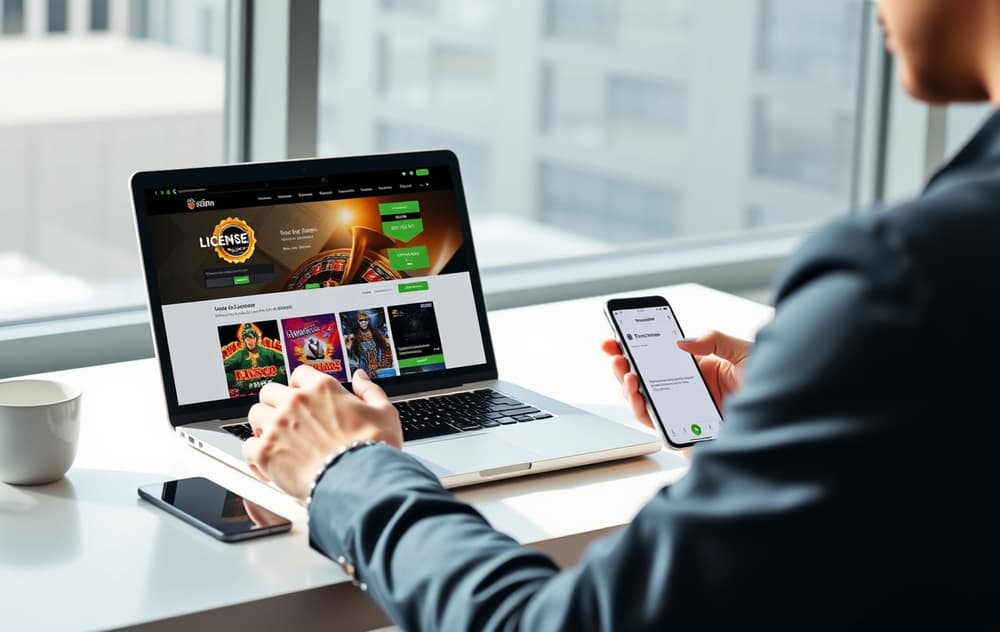 Person som sammenligner to casino-nettsider på laptop med lisens- og SSL-ikon synlig