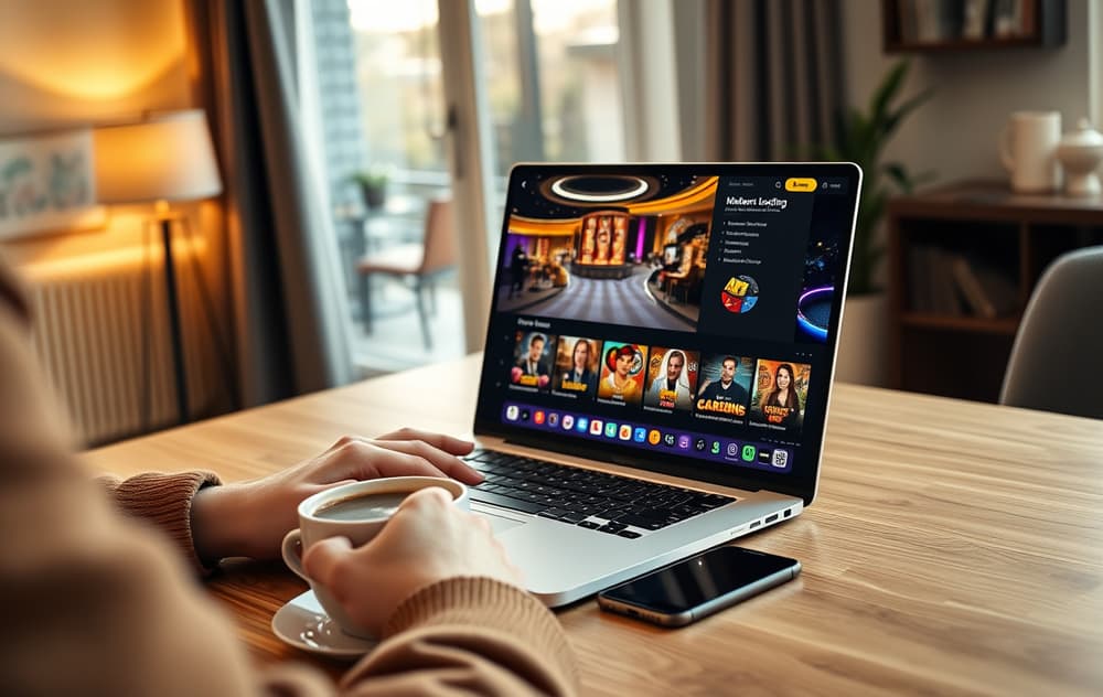 Person med laptop som viser et utenlandsk casino med spilleautomater og live dealer-spill