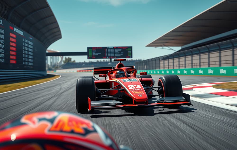 Formel 1-bil i høy hastighet på bane med odds- og bettinginformasjon vist i grafikk, fotorealistisk bilde.