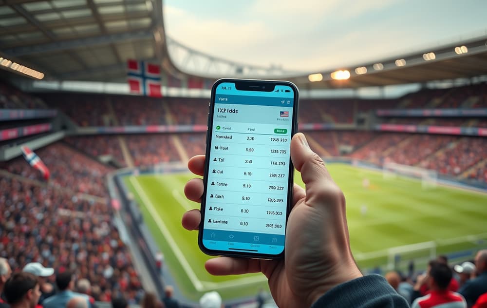 Fotballkamp med odds på mobilskjerm og norsk flagg i bakgrunnen