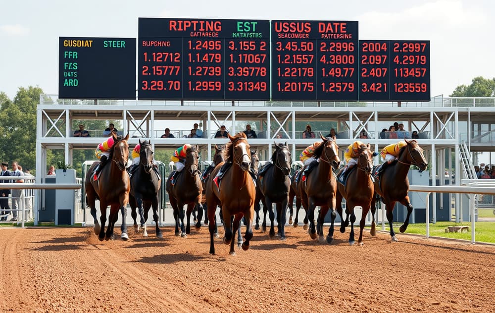 Hester i full galopp på travbane med odds-tavle i bakgrunnen