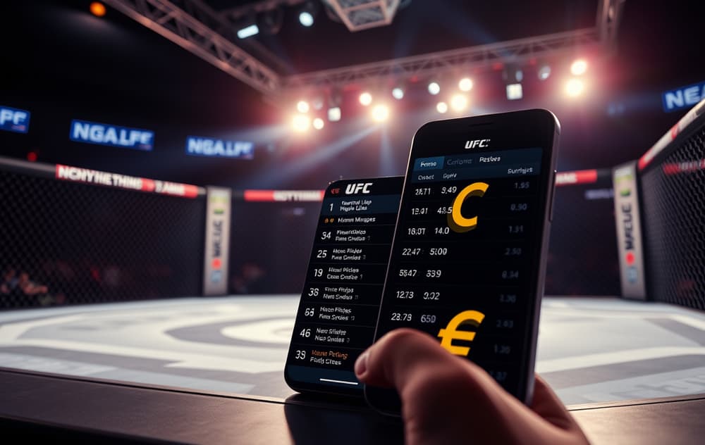 MMA-oktagon med odds på mobilskjerm – live betting UFC