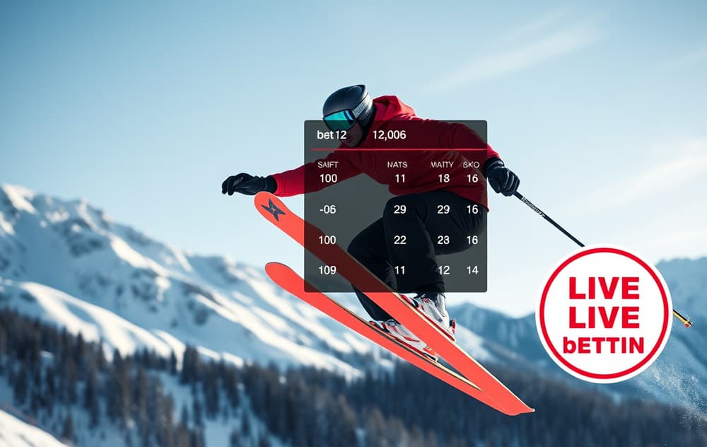 Skihopper i luften med bettingodds og live-betting-ikon i hjørnet