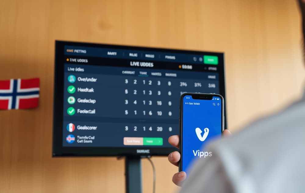 Skjermbilde av en bookmakers live-odds for fotball, med markeder som over/under og målscorer, og en norsk spiller som bruker Vipps.